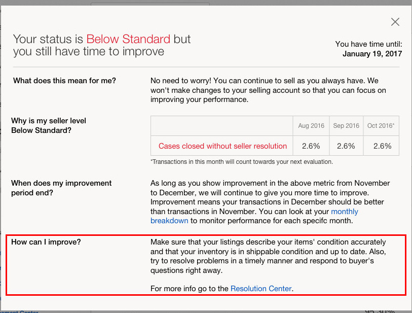 ebay seller standards below standard screenshot