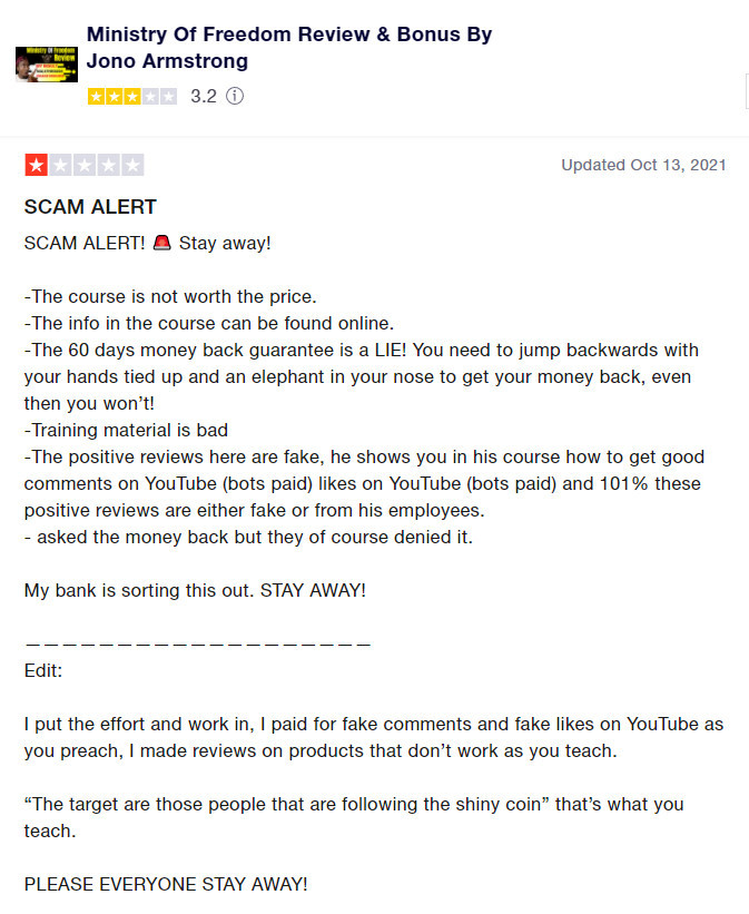 is jono armstrong ministry of freedom a scam screenshot from trustpilot scam alert