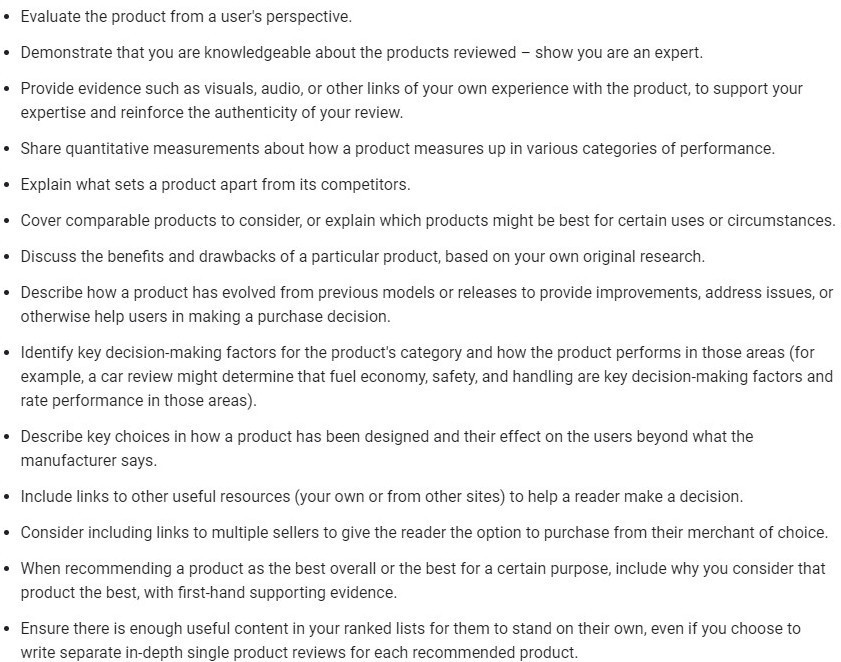 Google guidelines for writing a product review that ranks