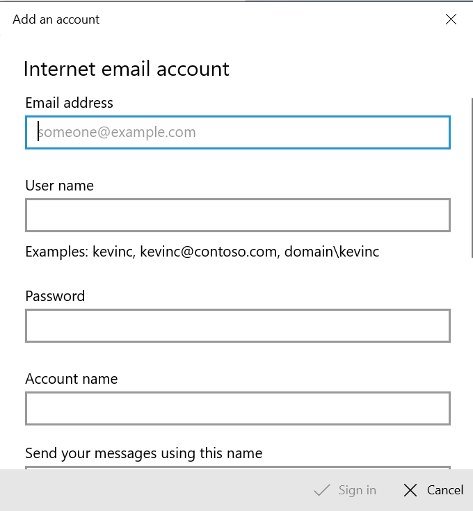 Add details to set up your email account in windows mail app